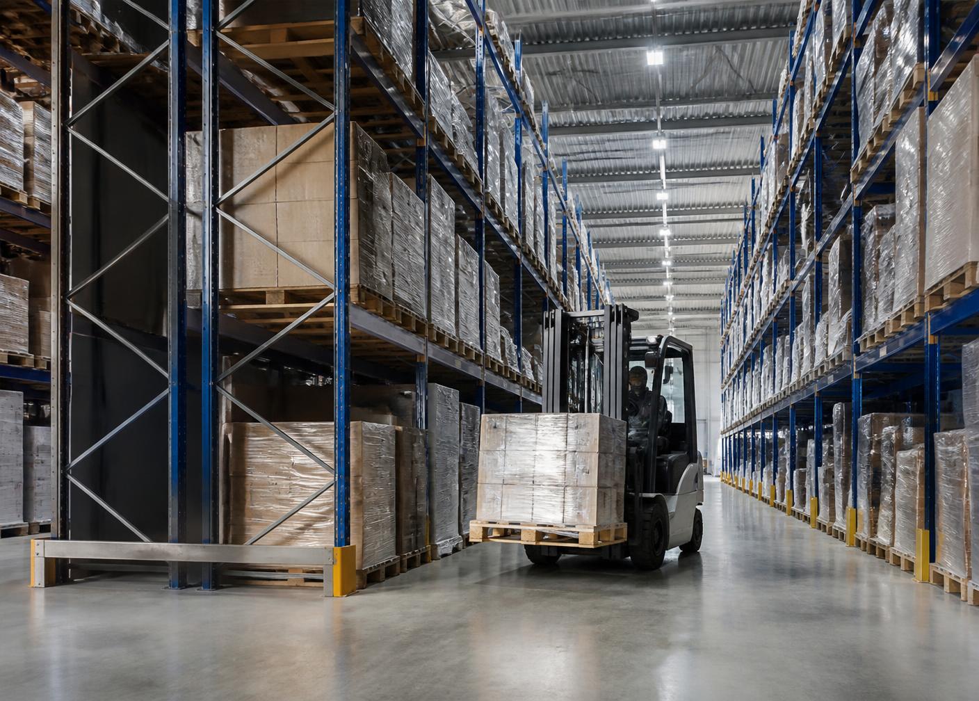 Modern depo içerisinde raf sistemleri ve forklift operasyonu